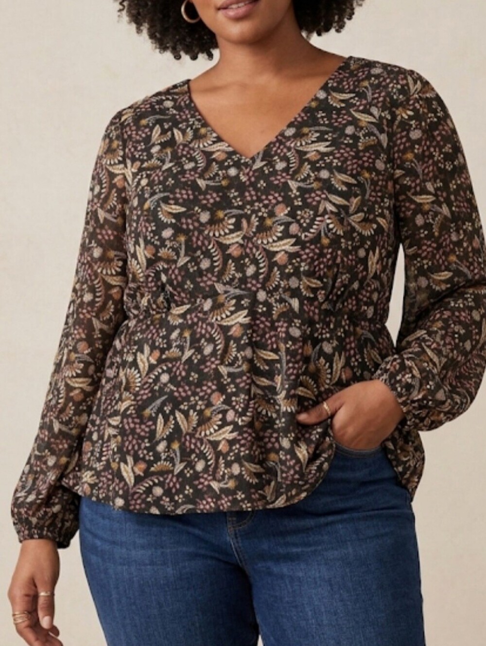 Lane Bryant Black Multi Long Sleeve Peplum Top Size 14 Boho